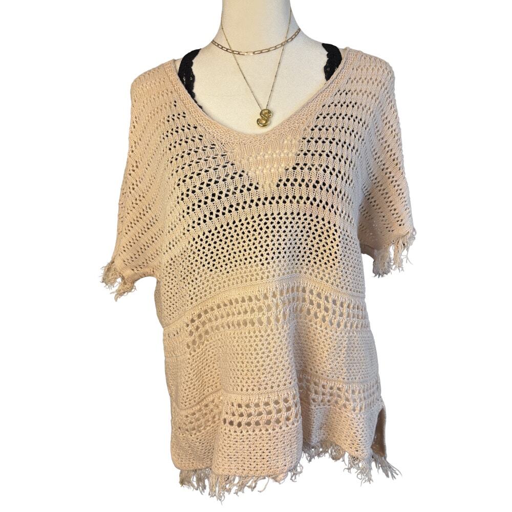 Crochet Open Knit Fringe Hem Top Cream Boho Beach Cover Up Size M